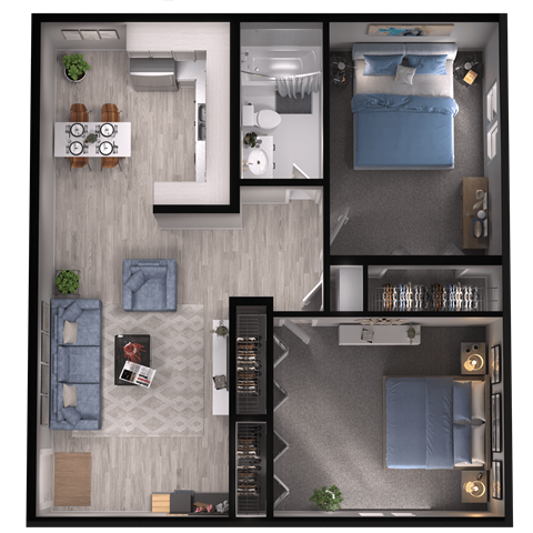 Floor plan for 2 beds, 1 bath, 754 sqft